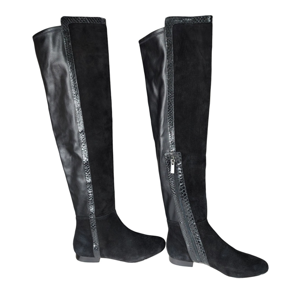 Vince Camuto Over The Knee Boot sz 6.5 Women Black Suede Leather  Snakeskin Trim